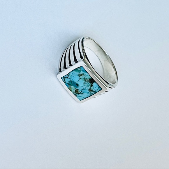 Sterling Silver Heavy Unisex Genuine Turquoise Ring, Statement Stone Rings - Picture 6 of 14
